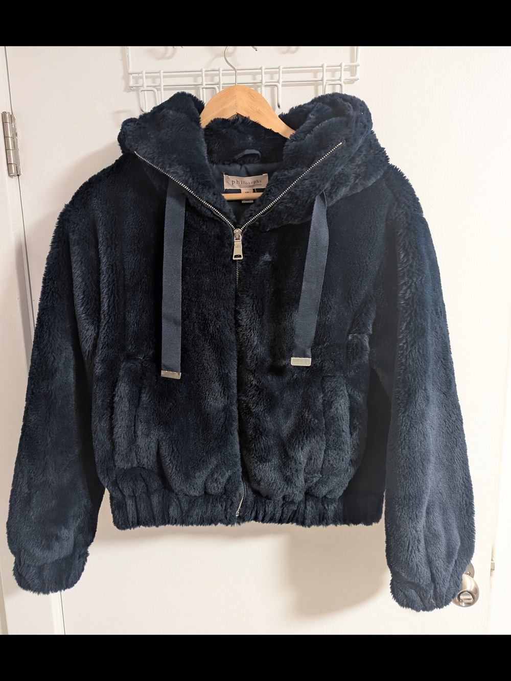 Philosophy Plush Faux Fur Hooded Jacket - Dark Blue
